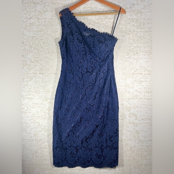 ELIZA J Formal Navy Blue Lace One Shoulder Dress Size 8 - Picture 1 of 9